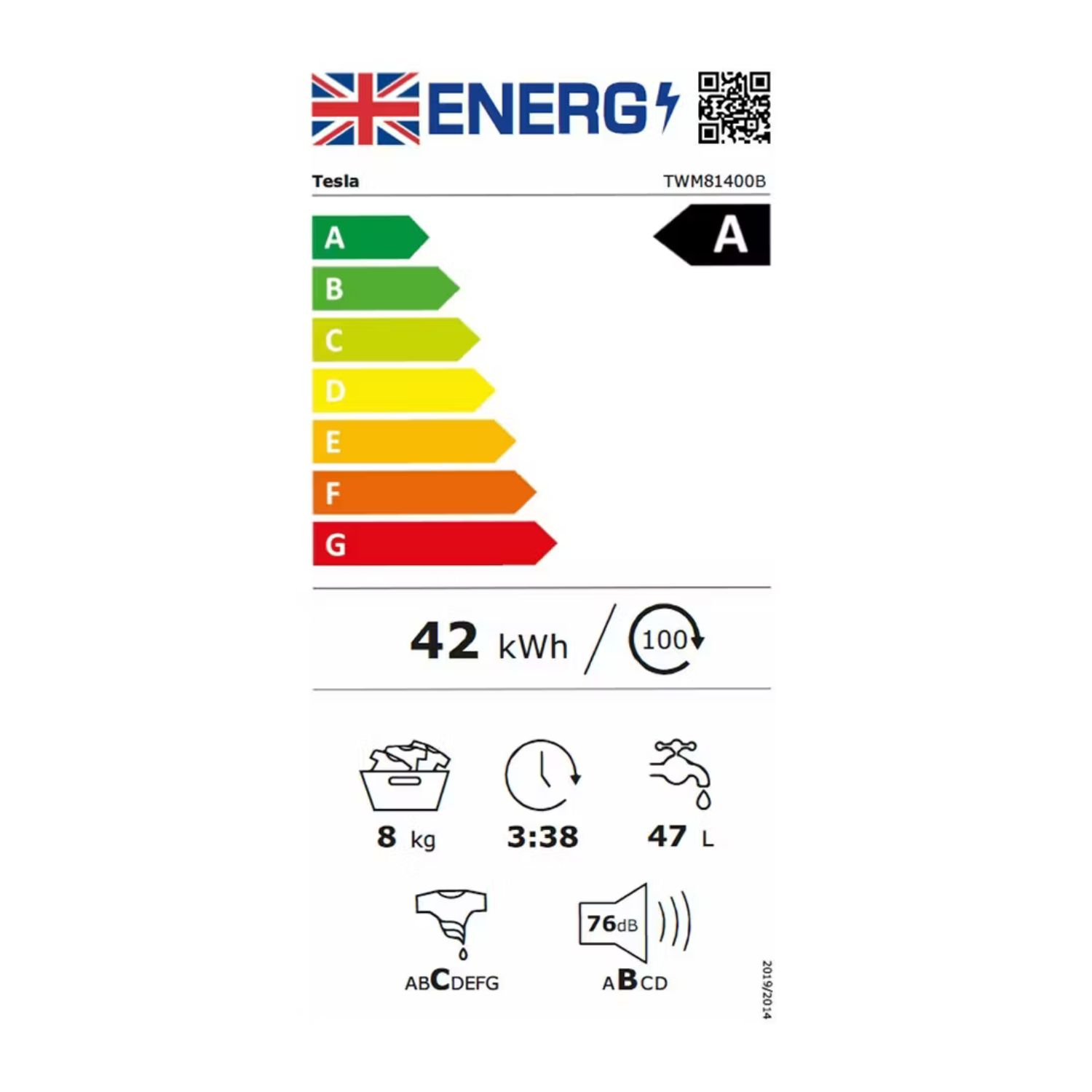 Tesla TWM81400B 8KG 1400RPM Slim Depth Black Washing Machine full image