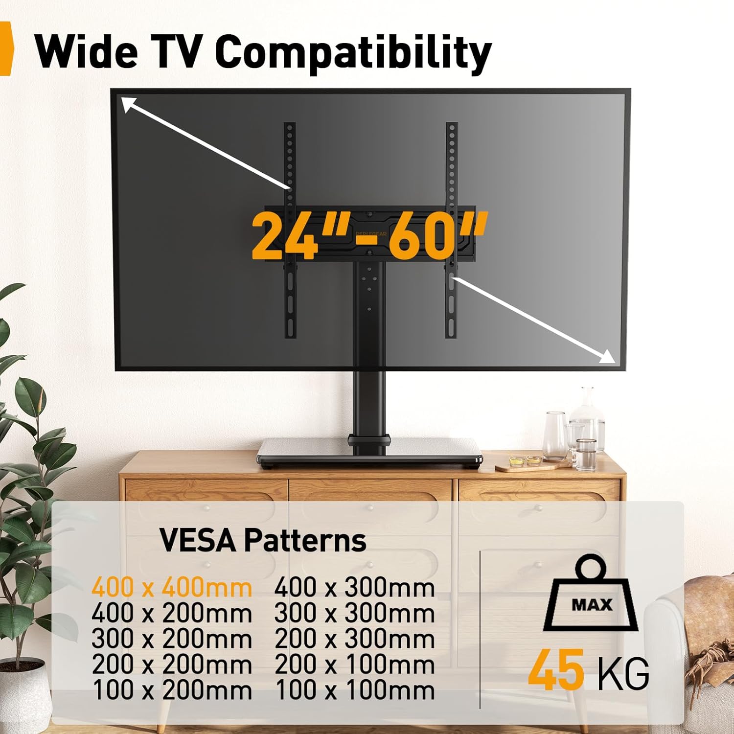 Universal TV Stand for 24-60 inch TVs up to 45kg, Swivel and Height Adjustable Table Top TV Stands, TV Mount Stand with Tempered Glass Base, Pedestal TV Stand with Bracket Max VESA 400x400mm thumbnail image